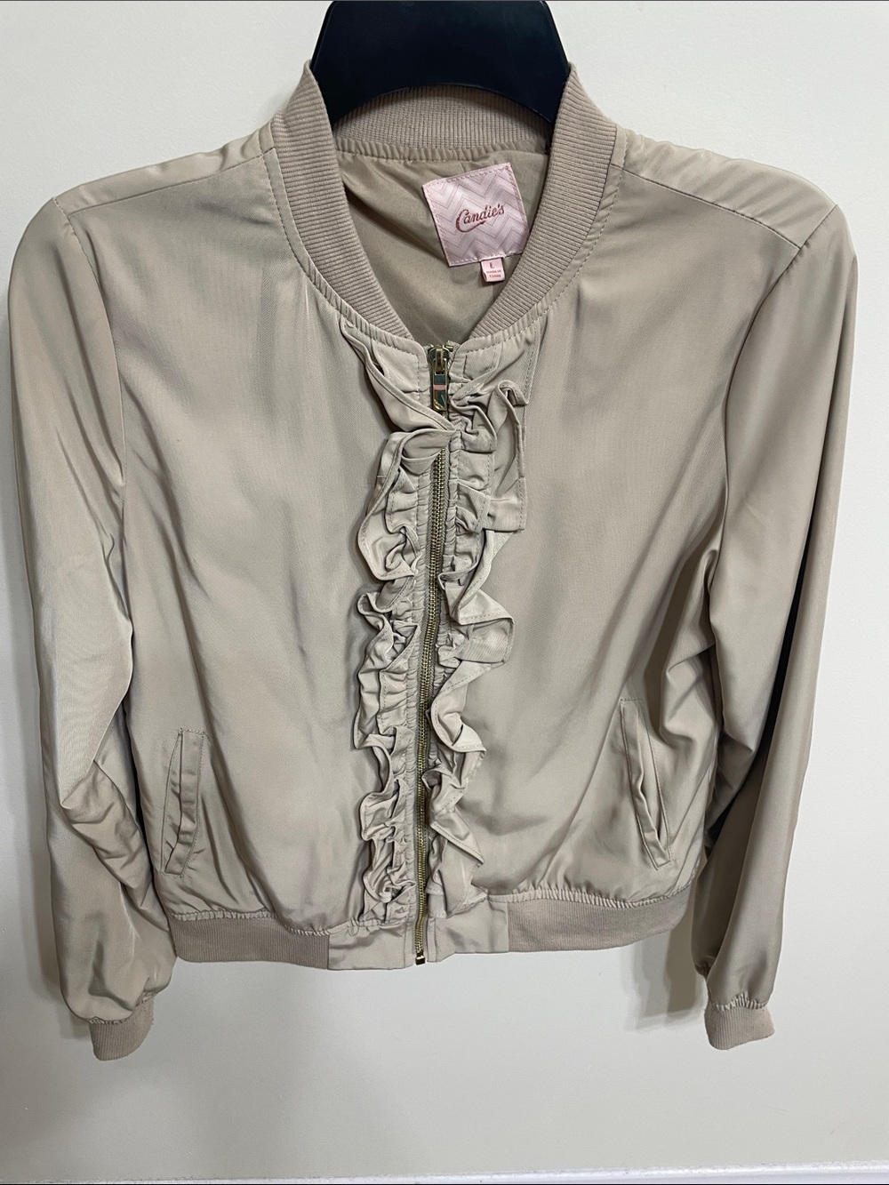 Candie's Light Beige Ruffle-Front Bomber Jacket